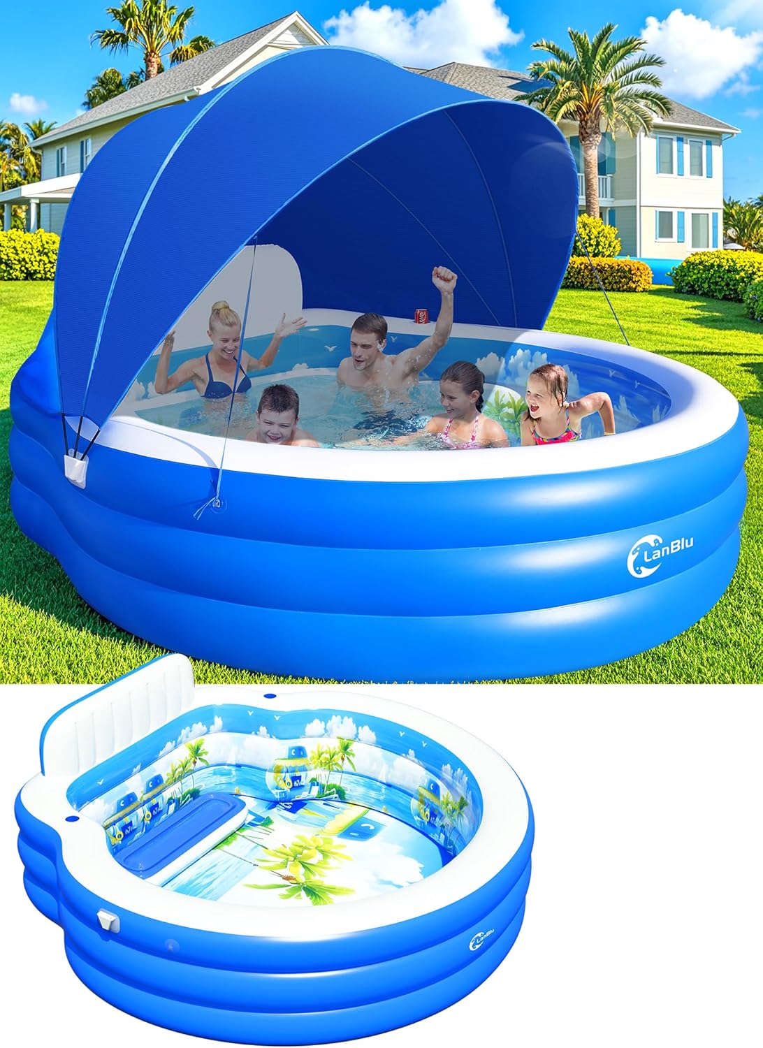 2025 Upgraded Inflatable Pool with Canopy, Inflatable Family Lounge Pool, Round Blow Up Pool for Adult with Bench & Backrest, Swim Center Easy Backyard Pools for Kids & Adults, 92x92x26, Blue