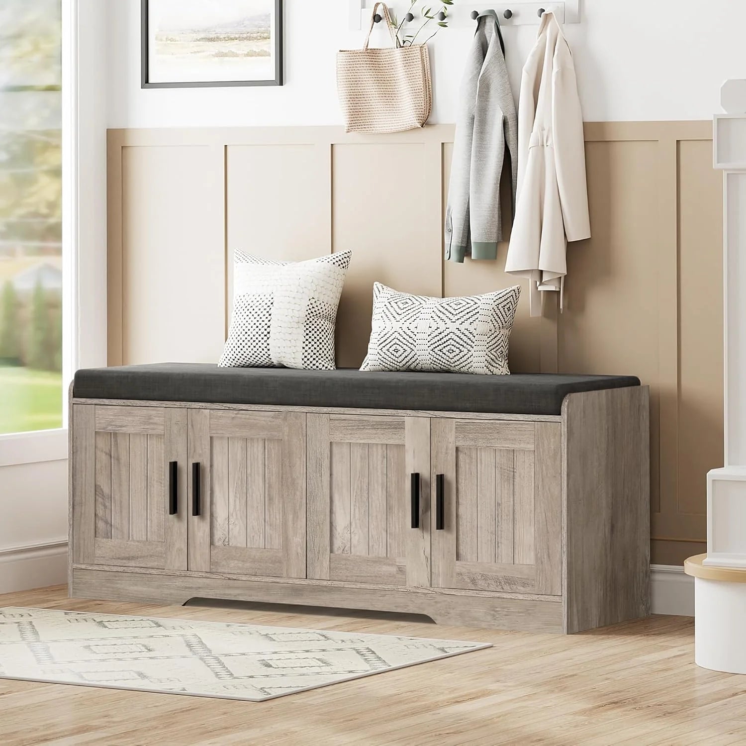 2-Tier Storage Bench, Shoe Bench with Thickened Padded Seat Cushion, Entryway Bench with 4 Doors, Adjustable Shelf, 13.8 D x 45.3 W x 18.5 H, for Entryway, Living Room, Bedroom, White