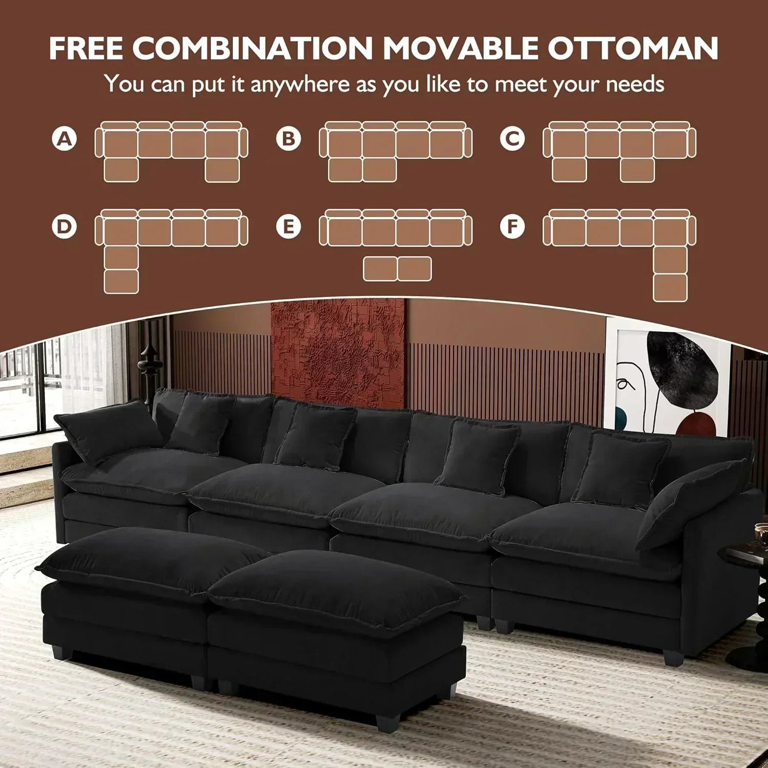 111.4 Inch L Shaped Modern Sofa Modular Cloud Sofa with Ottoman 4 Seater Chenille Deep Seat Sofa