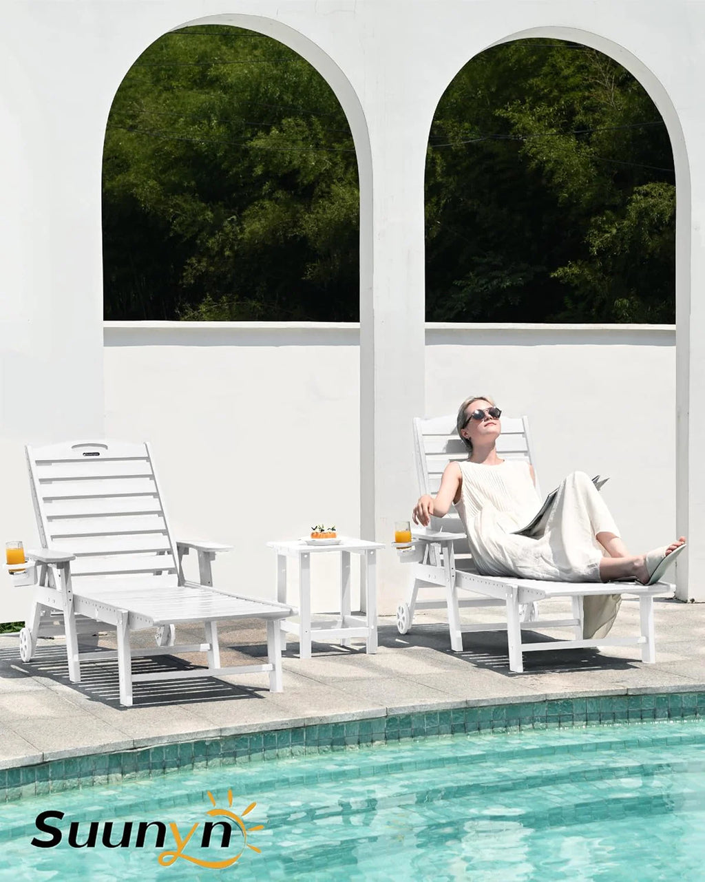 Lounge Chair Outdoor, Chaise Lounge, HDPE 6-Position Outdoor Chaise Lounge, Patio Lounge Chair with Wheels & Cup Holder for Pool Poolside Deck Backyard, Teak
