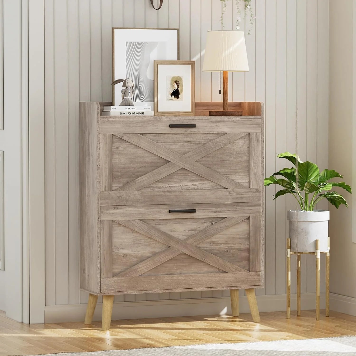 32 wide farmhouse shoe cabinet with 2 flip-top drawers and barn door design, adjustable shelves