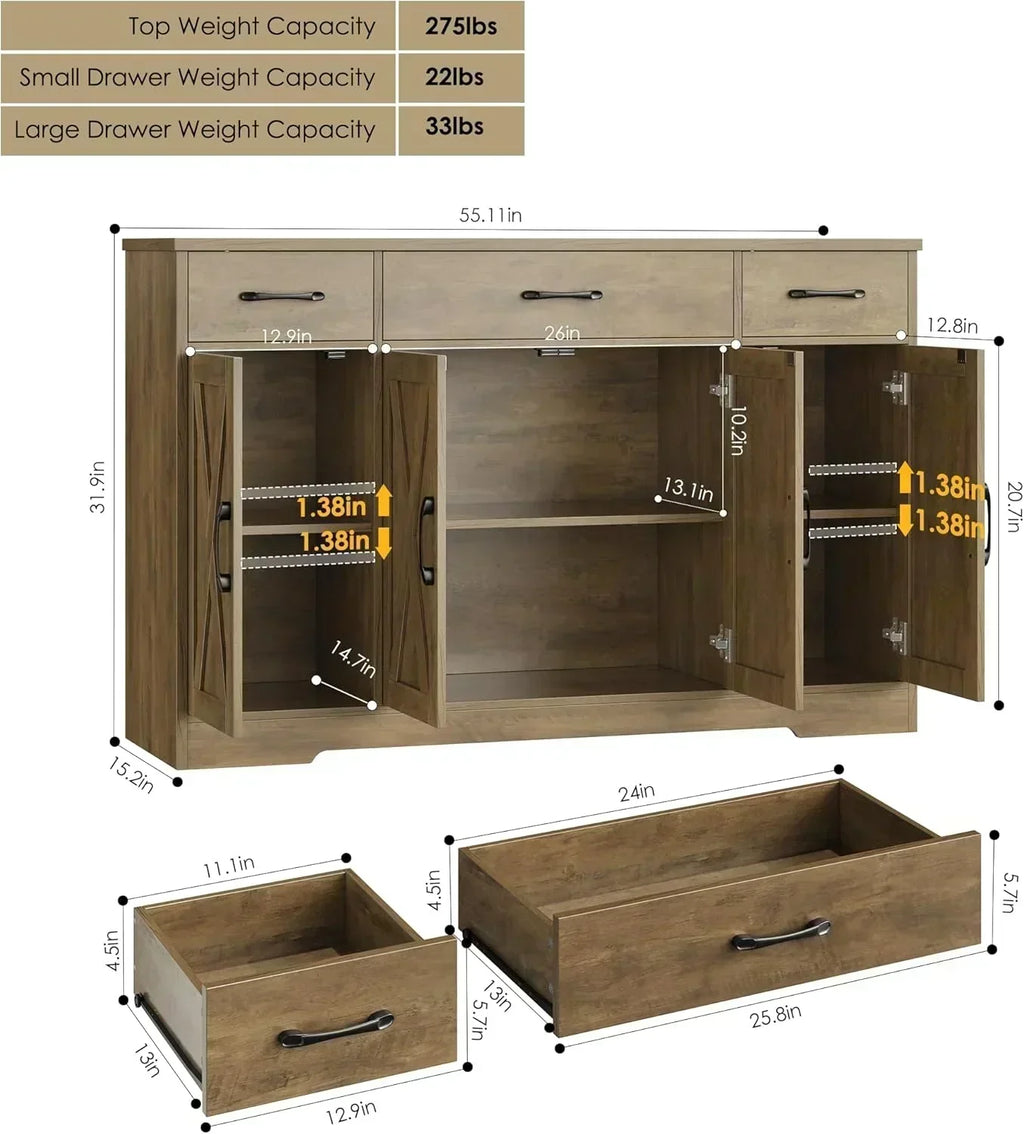 Sideboard with drawers large 55-inch sideboard modern farmhouse wood kitchen dining table