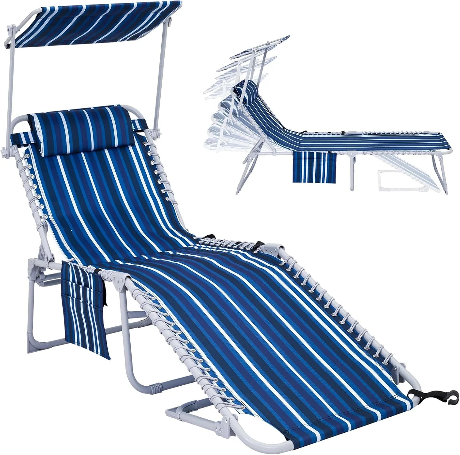 2 Pack Outdoor Chaise Lounge Chair - Portable Folding Patio Pool Lounge Chair, 5 Positions Adjustable Reclining Camping Chair with Side Table,Shoulder Strap, Pillow for Beach Sunbathing Lawn