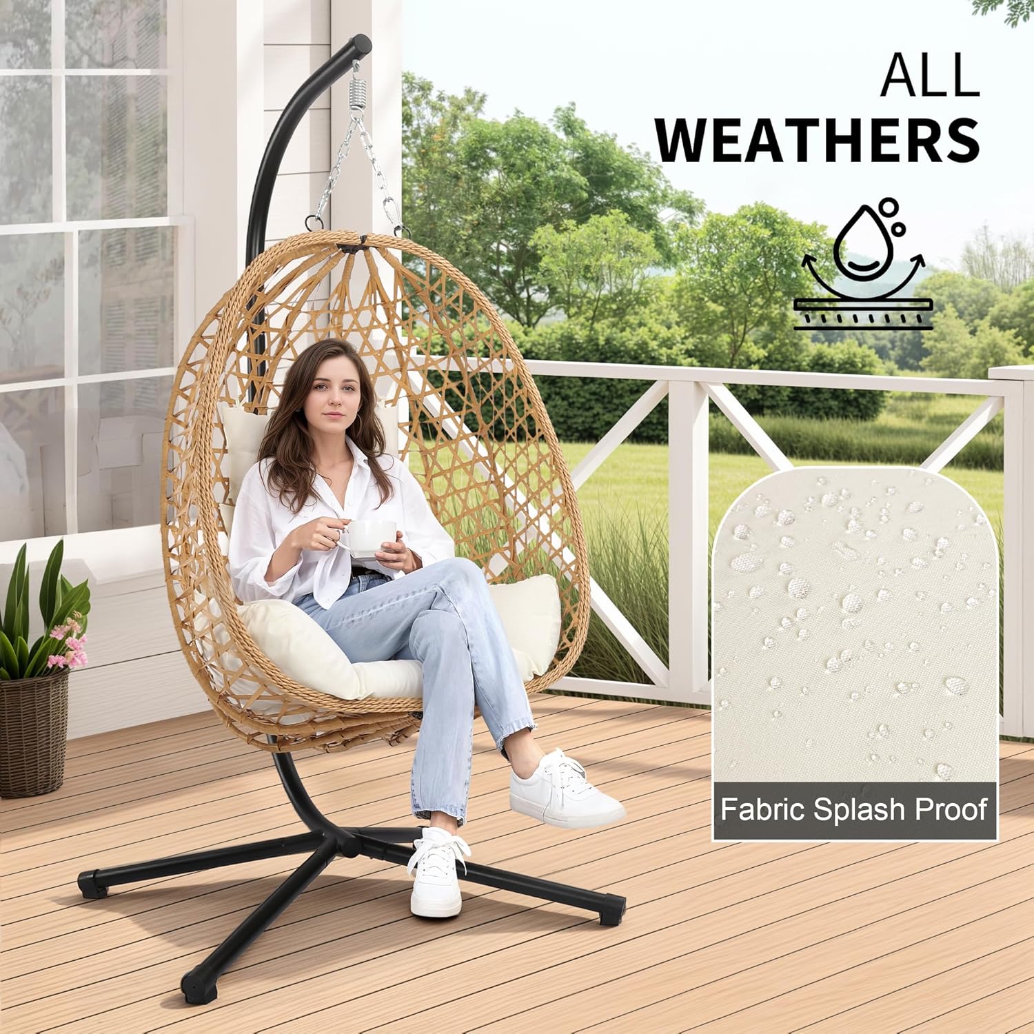 Egg Chair with Stand Patio Wicker Hanging Chair Hammock Swing Chair 350LBS Capacity