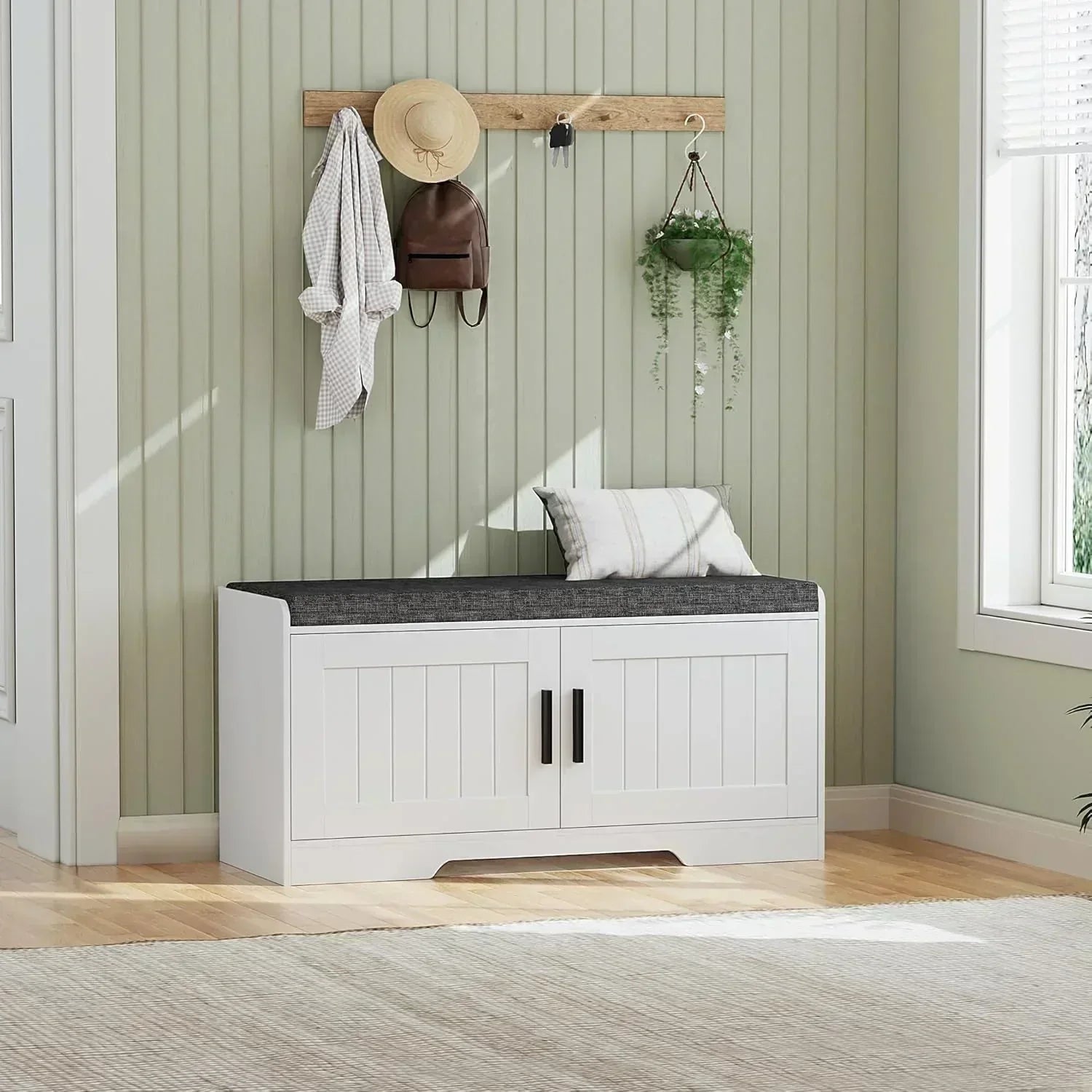 2-Tier Storage Bench Shoe Bench with Thickened Padded Seat Cushion Entryway Bench
