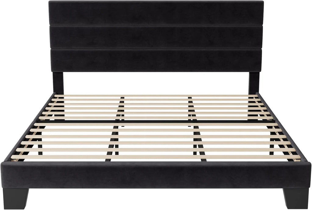 Allewie Queen Size Platform Bed Frame Fabric Upholstered Headboard Wooden Slats Support