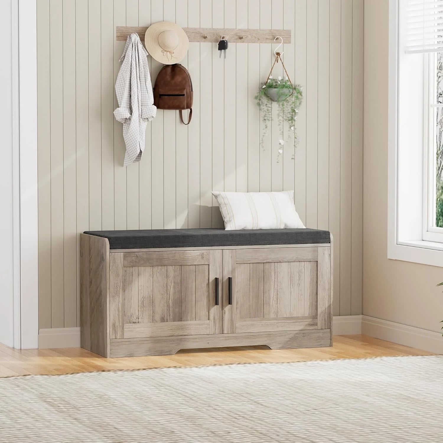 2-Tier Storage Bench, Shoe Bench with Thickened Padded Seat Cushion, Entryway Bench with 4 Doors, Adjustable Shelf, 13.8 D x 45.3 W x 18.5 H, for Entryway, Living Room, Bedroom, White