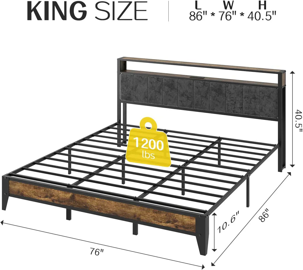 OLEVS Single Bed Frame LED Light Storage Headboard Type C Charging Station Metal Platform Bed