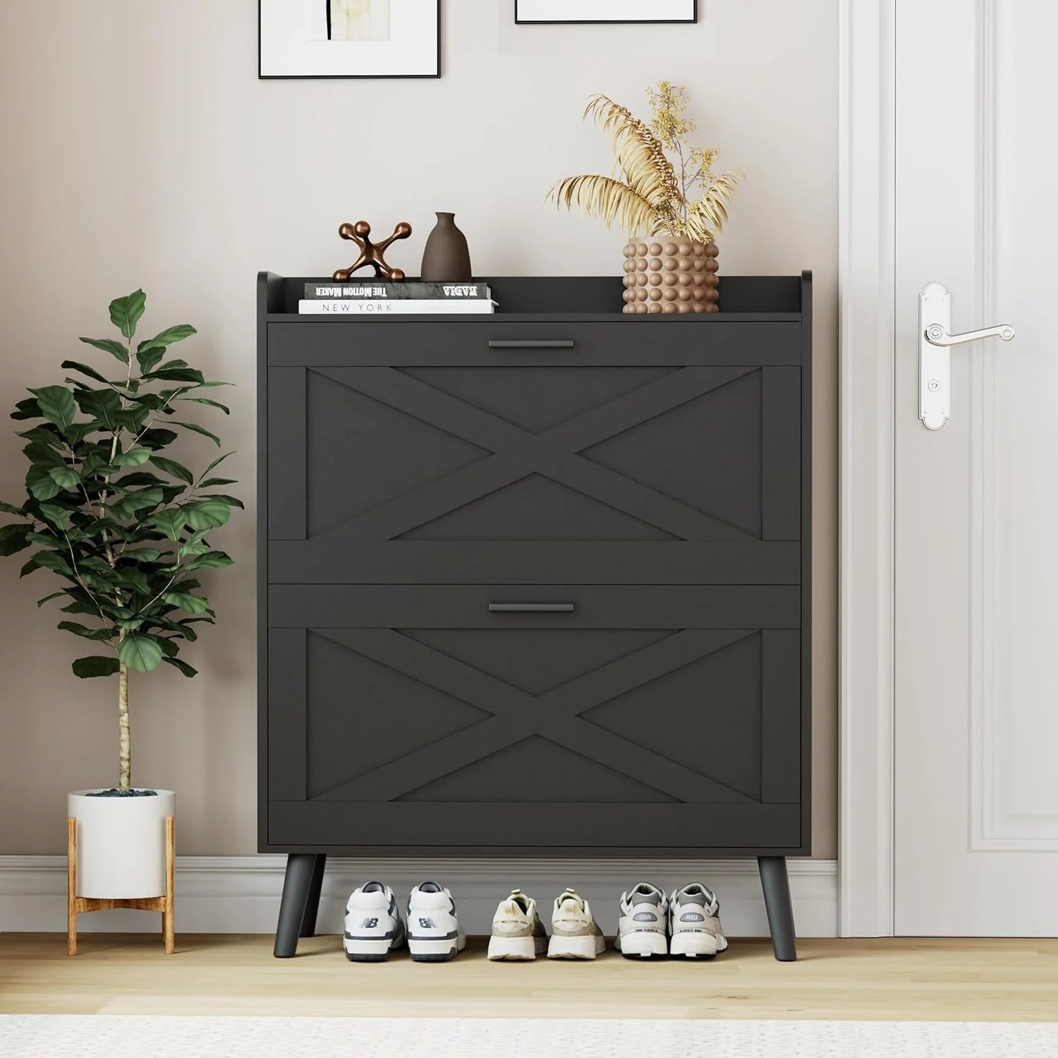 32 W Farmhouse Shoe Storage Cabinet Modern Hidden Slim Narrow Shoe Rack Cabinet