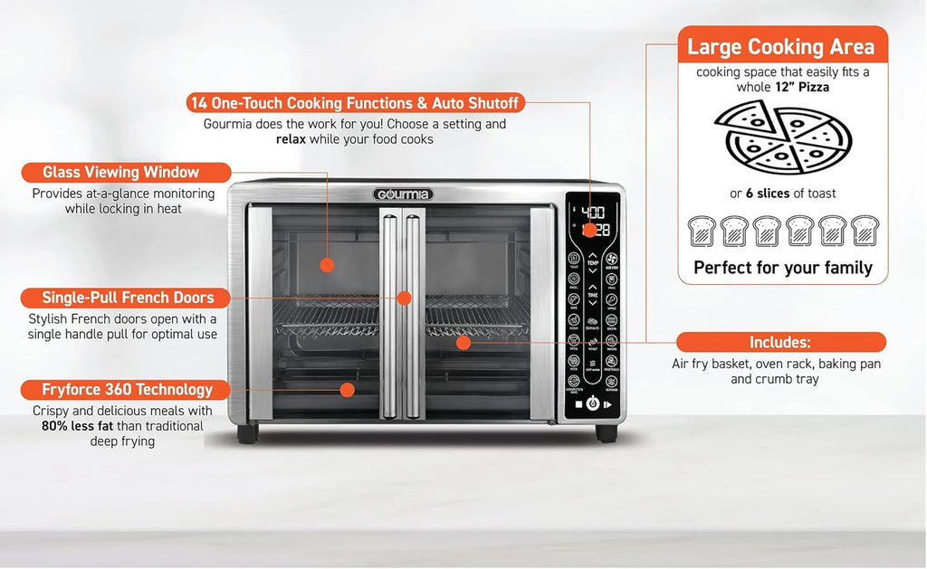 Gourmia Oven Air Fryer Combo with 17 Cooking Presets, 24L Capacity, Convection Rack, Baking Tray, Recipe Book GTF7460