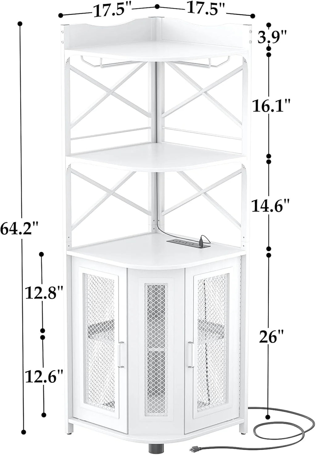 Corner bar cabinet with power socket, industrial style wine cabinet with LED light strip and glass rack, home five-layer wine cabinet bar unit, small space corner display cabinet